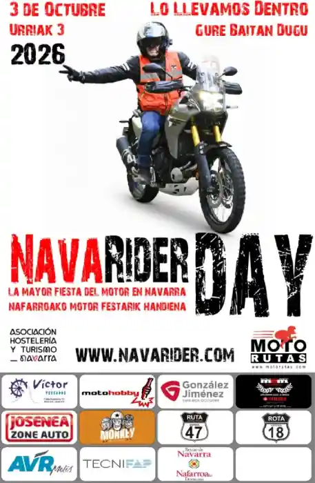 Cartel NavarideDAy 2026, es un motero saludando al estilo motero, indica fechas y logos de todos los patrocinadores